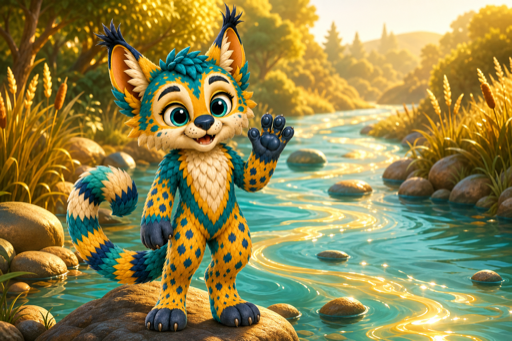 Rivvy, a golden and teal Rivergold Maelorei, beside a river